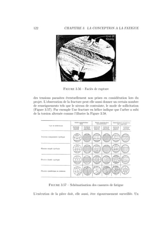 122 CHAPITRE 3. LA CONCEPTION A LA FATIGUE
Figure 3.56 – Faciès de rupture
des tensions parasites éventuellement non prises en considération lors du
projet. L’observation de la fracture peut elle aussi donner un certain nombre
de renseignements tels que le niveau de contrainte, le mode de sollicitation
(Figure 3.57). Par exemple Une fracture en hélice indique que l’arbre a subi
de la torsion alternée comme l’illustre la Figure 3.58.
Figure 3.57 – Schématisation des cassures de fatigue
L’exécution de la pièce doit, elle aussi, être rigoureusement surveillée. Un
 