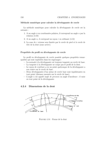 150 CHAPITRE 4. ENGRENAGES
Méthode numérique pour calculer la développante de cercle
La méthode numérique pour calculer la développante de cercle est la
suivante :
1. A un angle φ en coordonnées polaires, il correspond un angle α par la
relation (4.10)
2. A un angle α, il correpond un rayon r en utilisant (4.12)
3. La zone de r retenue sera limitée par le cercle de pied et le cercle de
tête de la dent (zone active).
Propriétés du profil en développante de cercle
Le profil en développante de cercle possède quelques propriétés remar-
quables qui sont exploitées dans les engrenages :
— La normale à la développante est toujours tangente au cercle de base.
— La tangente à la développante ne coupe pas le profil de la dent.
— Le rayon de courbure ρ en un point quelconque de la développante a
son centre sur le cercle de base.
— Deux développantes d’un même de cercle base sont équidistantes en
tout point (distance mesurée sur le cercle de base).
— L’angle α est appelé angle de pression ou angle d’incidence : il varie
en tout point de la développante
4.2.4 Dimensions de la dent
Figure 4.14 – Forme de la dent
 