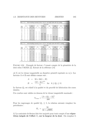 4.3. RESISTANCE DES DENTURES DROITES 183
Figure 4.34 – Exemple de facteur J tenant compte de la géométrie de la
dent selon l’AGMA [2]. Extrait de la référence [14]
où Vt est la vitesse tangentielle au diamètre primitif exprimée en m/s. Les
facteurs A et B sont définis comme suit :
A = 50 + 56(1 − B)
B =
(12 − Qv)2/3
4
for 6 ≤ Qv ≤ 11
Le facteur Qv est relatif à la qualité et du procédé de fabrication des roues
dentées.
Ces courbes sont valides en dessous de la vitesse tangentielle maximale :
Vt max =
[A + (Qv − 3)]2
200
Pour les engrenages de qualité Qv ≤ 5, la relation suivante remplace les
précédentes :
Kv =
50
50 +
√
200Vt
3/ La contrainte de flexion doit être majorée pour tenir compte d’une répar-
tition inégale de l’effort Fn sur la largeur de la dent : On remplace b
 