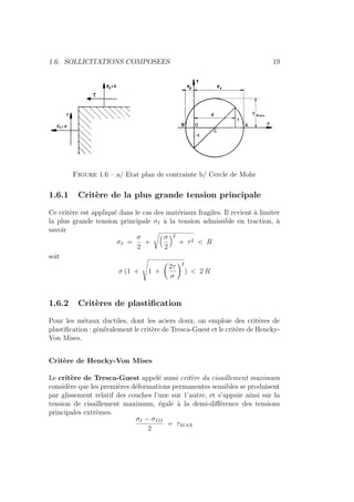 1.6. SOLLICITATIONS COMPOSEES 19
Figure 1.6 – a/ Etat plan de contrainte b/ Cercle de Mohr
1.6.1 Critère de la plus grande tension principale
Ce critère est appliqué dans le cas des matériaux fragiles. Il revient à limiter
la plus grande tension principale σI à la tension admissible en traction, à
savoir
σI =
σ
2
+
Å
σ
2
ã2
+ τ2 < R
soit
σ (1 +
Ã
1 +
Ç
2τ
σ
å2
) < 2 R
1.6.2 Critères de plastification
Pour les métaux ductiles, dont les aciers doux, on emploie des critères de
plastification : généralement le critère de Tresca-Guest et le critère de Hencky-
Von Mises.
Critère de Hencky-Von Mises
Le critère de Tresca-Guest appelé aussi critère du cisaillement maximum
considère que les premières déformations permanentes sensibles se produisent
par glissement relatif des couches l’une sur 1’autre, et s’appuie ainsi sur la
tension de cisaillement maximum, égale à la demi-différence des tensions
principales extrêmes.
σI − σIII
2
= τMAX
 