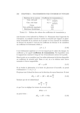 250 CHAPITRE 5. TRANSMISSIONS PAR COURROIE ET POULIES
Matériau de la courroie Coefficient de transmission µ
Cuir, côté poil 0, 3 + v
100 [m/s]
Cuir, côté chair 0, 2 + v
100 [m/s]
Coton 0,3
Soie artificielle imprégnée 0,35
Matériaux Synthétique 0,5
Table 5.1 – Tableau des valeurs des coefficients de transmission µ
sont fournies à titre indicatif au Tableau 5.1. Néanmoins dans l’approche du
concepteur, on souhaite souvent se mettre en sécurité par rapport au glisse-
ment d’ensemble de la courroie sur la poulie et il est courrant de considérer
un facteur de sécurité k vis-à-vis du coefficient de friction et de considérer
un coefficient de frottement réduit µ :
µ k ≤ f (5.16)
k est évidemment supérieur à 1 et il est imposé par le cahier des charges. Le
coefficient µ est appelé coefficient de transmission. Par hypothèse nous
le supposerons constant le long de l’arc d’enroulement autour de la poulie.
Dans la suite on va considérer que l’on utilise pleinement la friction disponible
au coefficient de sécurité près. Dans ce cas, on a la relation entre forces
normales et forces tangentielles
dF = µ dN (5.17)
Si on étudie le phénomène à la limite du glissement d’ensemble, on prend
évidemment k = 1 et µ = f.
Projetons tout d’abord les forces sur la direction du rayon bissecteur. Il vient
dFge + dN = (2θ + dθ) sin
dφ
2
(5.18)
Sachant que dφ est infinitésimal
sin
dφ
2
'
dφ
2
et que l’on va négliger les termes du second ordre,
dθ dφ ' 0
on peut écrire :
dFge + dN = θ dφ (5.19)
 