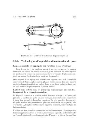 5.5. TENSION DE POSE 269
Figure 5.15 – Contrôle de la tension de pose d’après [3]
5.5.5 Technologies d’imposition d’une tension de pose
La précontrainte est appliquée par variation forcée d’entraxe
Dans le cas de cette méthode simple à mettre en oeuvre, le moteur
électrique entraı̂nant la poulie motrice (d1) est fixée sur un socle réglable
en position qui permet un accroissement forcé d’entraxe de plusieurs cen-
timètres (action de tirants filetés ou de vis de poussée).
Deux dispositifs de réglage sont illustrés aux Figures 5.19 a et b. Suivant la
conception, le berceau glisse sur un plan ou oscille autour d’un axe, jusqu’à
atteindre la position définitive voulue. Dans le cas d’une variation d’entraxe,
on peut calculer la précontrainte T0 qui en résulte.
L’effort dans le brin mou est maintenu constant quel que soit l’al-
longement de la courroie en régime
La Figure 5.16 montre le système utilisé dans son principe. La Figure 5.17
présente la solution du galet tendeur classique, constitué d’une poulie folle
à jante lisse appuyée à la surface extérieure du brin mou (i.e. brin mené).
Ce galet tendeur est généralement placé du côté de la petite poulie, afin
d’accroı̂tre Ω, l’angle d’embrassement apparent minimun, caractéristigue de
la transmission.
L’utilisation d’un enrouleur présente un inconvénient majeur : il provoque une
flexion supplémentaire de la courroie, inversée par rapport à celle qui résulte
de l’enroulement sur les poulies principales. L’usure et la fatigue du matériau
 