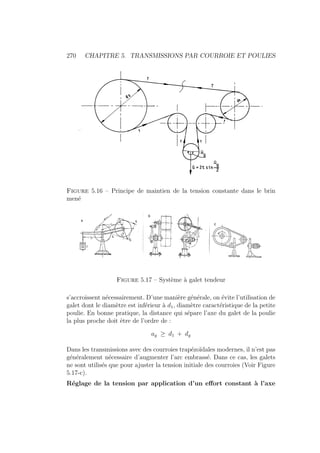 270 CHAPITRE 5. TRANSMISSIONS PAR COURROIE ET POULIES
Figure 5.16 – Principe de maintien de la tension constante dans le brin
mené
Figure 5.17 – Système à galet tendeur
s’accroissent nécessairement. D’une manière générale, on évite l’utilisation de
galet dont le diamètre est inférieur à d1, diamètre caractéristique de la petite
poulie. En bonne pratique, la distance qui sépare l’axe du galet de la poulie
la plus proche doit être de l’ordre de :
ag ≥ d1 + dg
Dans les transmissions avec des courroies trapézoı̈dales modernes, il n’est pas
généralement nécessaire d’augmenter l’arc embrassé. Dans ce cas, les galets
ne sont utilisés que pour ajuster la tension initiale des courroies (Voir Figure
5.17-c).
Réglage de la tension par application d’un effort constant à l’axe
 