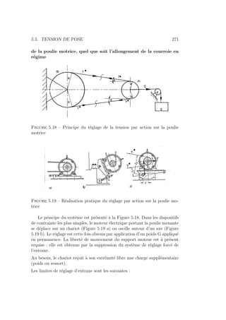 5.5. TENSION DE POSE 271
de la poulie motrice, quel que soit l’allongement de la courroie en
régime
Figure 5.18 – Principe du réglage de la tension par action sur la poulie
motrice
Figure 5.19 – Réalisation pratique du règlage par action sur la poulie mo-
trice
Le principe du système est présenté à la Figure 5.18. Dans les dispositifs
de contrainte les plus simples, le moteur électrique portant la poulie menante
se déplace sur un chariot (Figure 5.19 a) ou oscille autour d’un axe (Figure
5.19 b). Le réglage est cette fois obtenu par application d’un poids G appliqué
en permanence. La liberté de mouvement du support moteur est à présent
requise : elle est obtenue par la suppression du système de réglage forcé de
l’entraxe.
Au besoin, le chariot reçoit à son extrémité libre une charge supplémentaire
(poids ou ressort).
Les limites de réglage d’entraxe sont les suivantes :
 