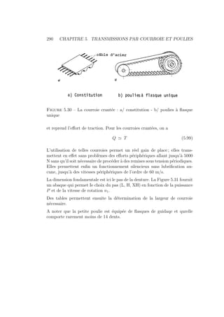290 CHAPITRE 5. TRANSMISSIONS PAR COURROIE ET POULIES
Figure 5.30 – La courroie crantée : a/ constitution - b/ poulies à flasque
unique
et reprend l’effort de traction. Pour les courroies crantées, on a
Q ' T (5.99)
L’utilisation de telles courroies permet un réel gain de place ; elles trans-
mettent en effet sans problèmes des efforts périphériques allant jusqu’à 5000
N sans qu’il soit nécessaire de procéder à des remises sous tension périodiques.
Elles permettent enfin un fonctionnement silencieux sans lubrification au-
cune, jusqu’à des vitesses périphériques de l’ordre de 60 m/s.
La dimension fondamentale est ici le pas de la denture. La Figure 5.31 fournit
un abaque qui permet Ie choix du pas (L, H, XH) en fonction de la puissance
P et de la vitesse de rotation n1.
Des tables permettent ensuite la détermination de la largeur de courroie
nécessaire.
A noter que la petite poulie est équipée de flasques de guidaqe et qurelle
comporte rarement moins de 14 dents.
 