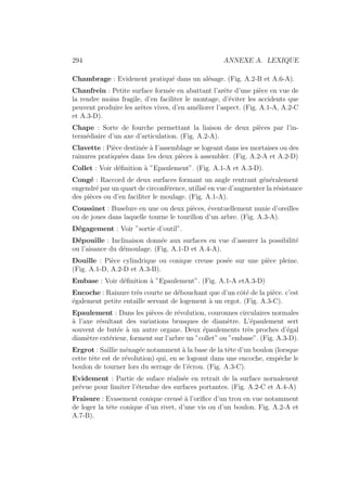 294 ANNEXE A. LEXIQUE
Chambrage : Evidenent pratiqué dans un alésage. (Fig. A.2-B et A.6-A).
Chanfrein : Petite surface formée en abattant l’arête d’une pièce en vue de
la rendre moins fragile, d’en faciliter le montage, d’éviter les accidents que
peuvent produire les arêtes vives, d’en améliorer l’aspect. (Fig. A.1-A, A.2-C
et A.3-D).
Chape : Sorte de fourche permettant la liaison de deux pièces par l’in-
termédiaire d’un axe d’articulation. (Fig. A.2-A).
Clavette : Pièce destinée à I’assemblage se logeant dans ies mortaises ou des
rainures pratiquées dans 1es deux pièces à assembler. (Fig. A.2-A et A.2-D)
Collet : Voir définition à ”Epaulement”. (Fig. A.1-A et A.3-D).
Congé : Raccord de deux surfaces formant un angle rentrant généralement
engendré par un quart de circonférence, utilisé en vue d’augmenter la résistance
des pièces ou d’en faciliter le moulage. (Fig. A.1-A).
Coussinet : Buselure en une ou deux pièces, éventuellement nunie d’oreilles
ou de joues dans laquelle tourne le tourillon d’un arbre. (Fig. A.3-A).
Dégagement : Voir ”sortie d’outil”.
Dépouille : Inclinaison donnée aux surfaces en vue d’assurer la possibilité
ou l’aisance du démoulage. (Fig. A.1-D et A.4-A).
Douille : Pièce cylindrique ou conique creuse posée sur une pièce pleine.
(Fig. A.1-D, A.2-D et A.3-B).
Embase : Voir définition à ”Epaulement”. (Fig. A.1-A etA.3-D)
Encoche : Rainure très courte ne débouchant que d’un côté de la pièce. c’est
également petite entaille servant de logement à un ergot. (Fig. A.3-C).
Epaulement : Dans les pièces de révolution, couronnes circulaires normales
à l’axe résultant des variations brusques de diamètre. L’épaulement sert
souvent de butée à un autre organe. Deux épaulements très proches d’égal
diamètre extérieur, forment sur l’arbre un ”collet” ou ”embase”. (Fig. A.3-D).
Ergrot : Saillie ménagée notamment à la base de la tête d’un boulon (lorsque
cette tête est de révolution) qui, en se logeant dans une encoche, empêche le
boulon de tourner lors du serrage de l’écrou. (Fig. A.3-C).
Evidement : Partie de suface réalisée en retrait de la surface nornalenent
prévue pour limiter l’étendue des surfaces portantes. (Fig. A.2-C et A.4-A)
Fraisure : Evasement conique creusé à l’orifice d’un trou en vue notamment
de loger la tête conique d’un rivet, d’une vis ou d’un boulon. Fig. A.2-A et
A.7-B).
 