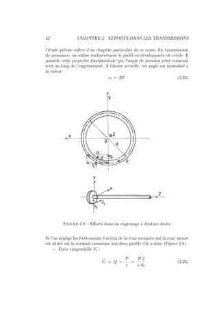42 CHAPITRE 2. EFFORTS DANS LES TRANSMISSIONS
l’étude précise relève d’un chapitre particulier de ce cours. En transmission
de puissance, on utilise exclusivement le profil en développante de cercle. Il
possède cette propriété fondamentale que l’angle de pression reste constant
tout au long de l’engrènement. A l’heure actuelle, cet angle est normalisé à
la valeur
α = 20◦
(2.24)
Figure 2.8 – Efforts dans un engrenage à denture droite
Si l’on néglige les frottements, l’action de la roue menante sur la roue menée
est située sur la normale commune aux deux profils. On a donc (Figure 2.8) :
— Force tangentielle Ft :
Ft = Q =
P
v
=
P 2
ω d0
(2.25)
 