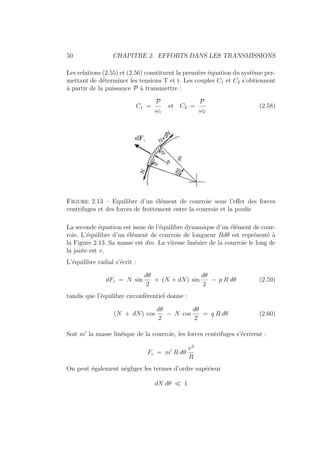 50 CHAPITRE 2. EFFORTS DANS LES TRANSMISSIONS
Les relations (2.55) et (2.56) constituent la première équation du système per-
mettant de déterminer les tensions T et t. Les couples C1 et C2 s’obtiennent
à partir de la puissance P à transmettre :
C1 =
P
ω1
et C2 =
P
ω2
(2.58)
Figure 2.13 – Equilibre d’un élément de courroie sous l’effet des forces
centrifuges et des forces de frottement entre la courroie et la poulie
La seconde équation est issue de l’équilibre dynamique d’un élément de cour-
roie. L’équilibre d’un élément de courroie de longueur Rdθ est représenté à
la Figure 2.13. Sa masse est dm. La vitesse linéaire de la courroie le long de
la jante est v.
L’équilibre radial s’écrit :
dFc = N sin
dθ
2
+ (N + dN) sin
dθ
2
− p R dθ (2.59)
tandis que l’équilibre circonférentiel donne :
(N + dN) cos
dθ
2
− N cos
dθ
2
= q R dθ (2.60)
Soit m0
la masse linéique de la courroie, les forces centrifuges s’écrivent :
Fc = m0
R dθ
v2
R
On peut également négliger les termes d’ordre supérieur
dN dθ  1
 