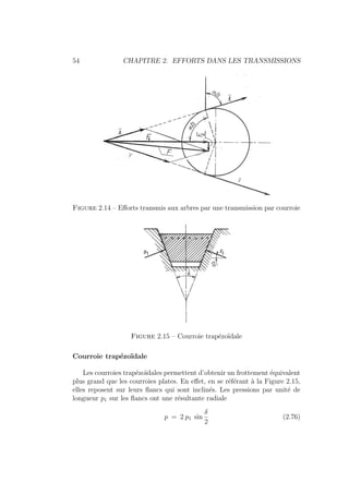 54 CHAPITRE 2. EFFORTS DANS LES TRANSMISSIONS
Figure 2.14 – Efforts transmis aux arbres par une transmission par courroie
Figure 2.15 – Courroie trapézoı̈dale
Courroie trapézoı̈dale
Les courroies trapézoı̈dales permettent d’obtenir un frottement équivalent
plus grand que les courroies plates. En effet, en se référant à la Figure 2.15,
elles reposent sur leurs flancs qui sont inclinés. Les pressions par unité de
longueur p1 sur les flancs ont une résultante radiale
p = 2 p1 sin
δ
2
(2.76)
 