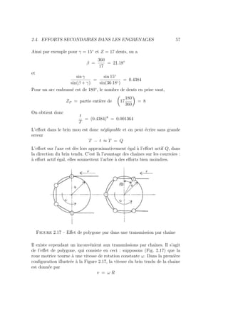 2.4. EFFORTS SECONDAIRES DANS LES ENGRENAGES 57
Ainsi par exemple pour γ = 15◦
et Z = 17 dents, on a
β =
360
17
= 21.18◦
et
sin γ
sin(β + γ)
=
sin 15◦
sin(36.18◦)
= 0.4384
Pour un arc embrassé est de 180◦
, le nombre de dents en prise vaut,
ZP = partie entière de
Ç
17
180
360
å
= 8
On obtient donc
t
T
= (0.4384)8
= 0.001364
L’effort dans le brin mou est donc négligeable et on peut écrire sans grande
erreur
T − t ≈ T = Q
L’effort sur l’axe est dès lors approximativement égal à l’effort actif Q, dans
la direction du brin tendu. C’est là l’avantage des chaı̂nes sur les courroies :
à effort actif égal, elles soumettent l’arbre à des efforts bien moindres.
Figure 2.17 – Effet de polygone par dans une transmission par chaı̂ne
Il existe cependant un inconvénient aux transmissions par chaı̂nes. Il s’agit
de l’effet de polygone, qui consiste en ceci : supposons (Fig. 2.17) que la
roue motrice tourne à une vitesse de rotation constante ω. Dans la première
configuration illustrée à la Figure 2.17, la vitesse du brin tendu de la chaı̂ne
est donnée par
v = ω R
 
