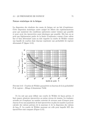 3.1. LE PHENOMENE DE FATIGUE 71
Nature statistique de la fatigue
La dispersion des résultats des essais de fatigue est un fait d’expérience.
Cette dispersion statistique existe malgré les efforts des expérimentateurs
pour que maintenir des conditions opératoires soient voisines que possible
et pour avoir des éprouvettes aussi identiques que possible. Dès lors on ne
peut pas légitimement parler de la limite d’endurance comme d’une valeur
fixe et bien déterminée mais on doit regarder la courbe de Wöhler comme
une famille de courbes dont chacune représente une probabilité de rupture
déterminée P (figure 3.13).
Figure 3.13 – Courbes de Wöhler paramétrée en fonction de la la probabilité
P de rupture - Alliage d’aluminium 75456
Il s’en suit que pour définir une courbe de Wöhler de façon précise, il
faut essayer plusieurs éprouvettes au même niveau de tension. La tendance
actuelle est d’employer un nombre restreint de niveaux mais d’essayer pour
chacun d’eux une population de huit éprouvettes ou plus de manière à pouvoir
calculer des valeurs précises de la moyenne et de la dispersion des valeurs
de log10 N. La courbe de Wöhler moyenne est celle pour laquelle 50% des
éprouvettes sont rompues (Figure 3.14).
 