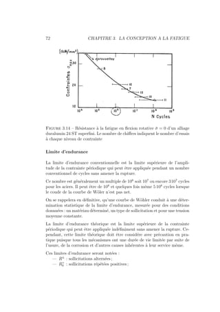 72 CHAPITRE 3. LA CONCEPTION A LA FATIGUE
Figure 3.14 – Résistance à la fatigue en flexion rotative σ̄ = 0 d’un alliage
duralumin 24 ST superfini. Le nombre de chiffres indiquent le nombre d’essais
à chaque niveau de contrainte
Limite d’endurance
La limite d’endurance conventionnelle est la limite supérieure de l’ampli-
tude de la contrainte périodique qui peut être appliquée pendant un nombre
conventionnel de cycles sans amener la rupture.
Ce nombre est généralement un multiple de 106
soit 107
ou encore 3107
cycles
pour les aciers. Il peut être de 108
et quelques fois même 5 108
cycles lorsque
le coude de la courbe de Wöler n’est pas net.
On se rappelera en définitive, qu’une courbe de Wöhler conduit à une déter-
mination statistique de la limite d’endurance, mesurée pour des conditions
donnnées : un matériau déterminé, un type de sollicitation et pour une tension
moyenne constante.
La limite d’endurance théorique est la limite supérieure de la contrainte
périodique qui peut être appliquée indéfiniment sans amener la rupture. Ce-
pendant, cette limite théorique doit être considére avec précaution en pra-
tique puisque tous les mécanismes ont une durée de vie limitée par suite de
l’usure, de la corrosion et d’autres causes inhérentes à leur service même.
Ces limites d’endurance seront notées :
— R±
: sollicitations alternées ;
— R+
0 : sollicitations répétées positives ;
 