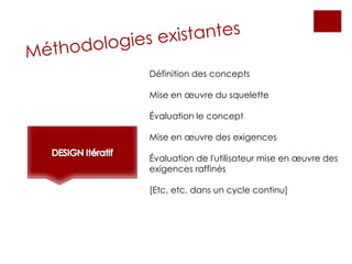 Définition des concepts
Mise en œuvre du squelette
Évaluation le concept
Mise en œuvre des exigences
Évaluation de l'utilisateur mise en œuvre des
exigences raffinés
[Etc, etc, dans un cycle continu]
 