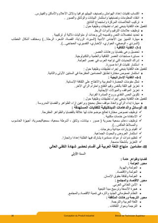 36 Conception du Produit Industriel Brevet de Technicien Supérieur

.‫والفهارس‬ ‫واألماكن‬ ‫األعالم‬ ‫ودالئل‬ ‫البٌبلٌوغرافٌا‬ ‫وتصنٌف‬ ‫الهوامش‬ ‫إعداد‬ ‫تقنٌات‬ ‫اكتساب‬

‫واستثمار‬ ‫وتصنٌفها‬ ‫المعلومات‬ ‫انتقاء‬
. ‫والصور‬ ‫والوثائق‬ ‫البٌانات‬

.‫النتائج‬ ‫واستجماع‬ ‫المركزة‬ ‫الخالصات‬ ‫تركٌب‬
‫حول‬ ‫وظٌفٌة‬ ‫تطبٌقات‬ ‫إجراء‬ ً‫ٌنبغ‬ ‫الكفاٌة‬ ‫هذه‬ ‫لتفعٌل‬
:

.‫الربط‬ ‫وأدوات‬ ‫الترقٌم‬ ‫عالمات‬ ‫توظٌف‬

. ‫تركٌبٌة‬ ‫أو‬ ‫داللٌة‬ ‫متوالٌات‬ ‫أو‬ ‫وحدات‬ ‫إلى‬ ‫وتقسٌمه‬ ‫النص‬ ‫تمفصالت‬ ‫تحدٌد‬

‫األد‬ ‫األجناس‬ ‫بٌن‬ ‫التمٌٌز‬ ‫مهارة‬
‫الخطاب‬ ‫أشكال‬ ‫ومختلف‬ )...‫الرحلة‬ ،‫الشعر‬ ،‫القصة‬ ،‫الرواٌة‬ ،‫(السٌرة‬ ‫بٌة‬
.)...ً‫الحجاج‬ ،‫التفسٌري‬ ،‫اإلخباري‬ ،‫الحواري‬ ،ً‫الوصف‬ ، ‫(السردي‬
1
-
3
-
‫الثقافٌة‬ ‫الكفاٌة‬
:

.‫العصر‬ ‫ورهانات‬ ‫بقضاٌا‬ ً‫وع‬ ‫تحصٌل‬

.‫والتكنولوجٌة‬ ‫والعلمٌة‬ ‫الثقافٌة‬ ‫العصر‬ ‫مستجدات‬ ‫مساٌرة‬

ً‫الت‬ ‫التحدٌات‬ ‫إدراك‬
.‫العولمة‬ ‫عصر‬ ً‫ف‬ ‫العرب‬ ‫تواجه‬

.‫صورة‬ ‫قراءة‬ ‫تقنٌات‬ ‫استثمار‬
‫حول‬ ‫وظٌفٌة‬ ‫تطبٌقات‬ ‫إجراء‬ ً‫ٌنبغ‬ ‫الكفاٌة‬ ‫هذه‬ ‫لتفعٌل‬
:

.‫والثانٌة‬ ‫األولى‬ ‫السنتٌن‬ ً‫ف‬ ‫المقترحة‬ ‫المضامٌن‬ ‫تطابق‬ ‫مختارة‬ ‫نصوص‬ ‫استثمار‬
1
-
4
-
‫اإلستراتٌجٌة‬ ‫الكفاٌة‬
:

‫الثقاف‬ ‫على‬ ‫واالنفتاح‬ ‫المغربٌة‬ ‫الحضارة‬ ‫مقومات‬ ‫تمثل‬
.‫اإلنسانٌة‬ ‫ة‬

.‫اآلخر‬ ‫الرأي‬ ‫واحترام‬ ‫التفتح‬ ‫وقٌم‬ ‫بالنفس‬ ‫الثقة‬ ‫قٌم‬ ‫تعزٌز‬

.‫اإلٌجابٌة‬ ‫والمٌوالت‬ ‫المواقف‬ ‫تعزٌز‬

.‫الفردٌة‬ ‫المبادرة‬ ‫وروح‬ ‫النقدي‬ ‫الحس‬ ‫تكوٌن‬
‫حول‬ ‫وظٌفٌة‬ ‫تطبٌقات‬ ‫إجراء‬ ً‫ٌنبغ‬ ‫الكفاٌة‬ ‫هذه‬ ‫لتفعٌل‬
:

‫الظواه‬ ‫إزاء‬ ‫وبراهٌن‬ ‫بحجج‬ ‫معلل‬ ‫موقف‬ ‫واتخاذ‬ ‫الرأي‬ ‫إبداء‬ ‫مهارة‬
. ‫المدروسة‬ ‫والقضاٌا‬ ‫ر‬
II
-
: ‫المستهدفة‬ ‫للكفاٌات‬ ‫الدٌدكتٌكٌة‬ ‫والدعامات‬ ‫الوسائل‬

.‫المقترحة‬ ‫والظواهر‬ ‫بالقضاٌا‬ ‫عالقة‬ ‫لها‬ ‫موضوعات‬ ‫تعالج‬ ‫مختارة‬ ‫نصوص‬ ‫توظٌف‬

. ‫مكتبٌة‬ ‫خدمات‬ ‫من‬ ‫االستفادة‬

‫ا‬ ‫أجهزة‬ ،‫بصرٌة‬/‫سمعٌة‬ ،‫سمعٌة‬ ‫أشرطة‬ ، ‫وثائق‬ ،‫بٌانات‬ ، ‫صور‬ ( ‫بصرٌة‬ ‫سمعٌة‬ ‫دعائم‬ ‫توظٌف‬
‫لحاسوب‬
.)...‫العاكس‬ ‫والمسالط‬

. ‫وخرجات‬ ‫مٌدانٌة‬ ‫بزٌارات‬ ‫القٌام‬

.‫الجماعٌة‬ ‫والبحوث‬ ‫العروض‬ ‫استثمار‬

.‫وإنجازا‬ ‫إعدادا‬ ‫الطلبة‬ ‫فٌها‬ ‫ٌشارك‬ ‫مستدٌرة‬ ‫موائد‬ ‫أو‬ ‫ندوات‬ ‫تنظٌم‬

.‫مدمجة‬ ‫بأنشطة‬ ‫التعزٌز‬
III
-
ً‫العال‬ ً‫التقن‬ ‫شهادة‬ ‫تحضٌر‬ ‫أقسام‬ ً‫ف‬ ‫العربٌة‬ ‫اللغة‬ ‫منهاج‬ ‫مضامٌن‬
‫األ‬ ‫ـة‬‫ن‬‫الس‬
‫لول‬
‫عبمة‬ ‫وظواهر‬ ‫قضبيب‬
:
: ‫العولمة‬ ‫محور‬

.‫ٔانٕٓيخ‬ ‫انؼٕنًخ‬

.‫ٔاالقتصبد‬ ‫انؼٕنًخ‬

.ٌ‫اإلَسب‬ ‫حقٕق‬ ‫ٔثقبفخ‬ ‫انؼٕنًخ‬
‫والمجتمع‬ ‫االقتصاد‬ ‫محور‬
:

.‫انؼزثي‬ ‫انغذائي‬ ٍ‫األي‬

‫انتجؼيخ‬ ‫يجذأ‬ ‫ٔتزسيخ‬ ‫األديغخ‬ ‫ْجزح‬

.‫ٔانًجتًغ‬ ‫االقتصبد‬ ‫تًُيخ‬ ‫في‬ ِ‫ٔآثبر‬ ‫انجذيذ‬ ‫انًؼهٕيبتي‬ ‫انُظبو‬
‫الترجم‬ ‫محور‬
‫المثاقفة‬ ‫ورهانات‬ ‫ة‬
:

.‫ٔانتزجًخ‬ ‫انؼزثيخ‬ ‫انهغخ‬

. ‫انثقبفبد‬ ‫ٔحٕار‬ ‫انتزجًخ‬
 