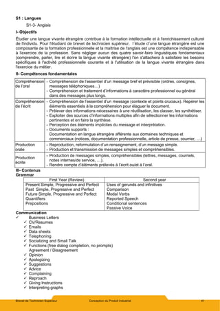Brevet de Technicien Supérieur Conception du Produit Industriel 41
S1 : Langues
S1-3- Anglais
I- Objectifs
Étudier une langue vivante étrangère contribue à la formation intellectuelle et à l'enrichissement culturel
de l'individu. Pour l'étudiant de brevet de technicien supérieur, l´étude d´une langue étrangère est une
composante de la formation professionnelle et la maîtrise de l'anglais est une compétence indispensable
à l'exercice de la profession. Sans négliger aucun des quatre savoir-faire linguistiques fondamentaux
(comprendre, parler, lire et écrire la langue vivante étrangère) l'on s'attachera à satisfaire les besoins
spécifiques à l'activité professionnelle courante et à l'utilisation de la langue vivante étrangère dans
l'exercice du métier.
II- Compétences fondamentales
Compréhension
de l’oral
- Compréhension de l’essentiel d’un message bref et prévisible (ordres, consignes,
messages téléphoniques…)
- Compréhension et traitement d’informations à caractère professionnel ou général
dans des messages plus longs.
Compréhension
de l’écrit
- Compréhension de l’essentiel d’un message (contexte et points cruciaux). Repérer les
éléments essentiels à la compréhension pour élaguer le document.
- Prélever des informations nécessaires à une réutilisation, les classer, les synthétiser.
- Exploiter des sources d’informations multiples afin de sélectionner les informations
pertinentes et en faire la synthèse.
- Perception des éléments implicites du message et interprétation.
- Documents supports :
Documentation en langue étrangère afférente aux domaines techniques et
commerciaux (notices, documentation professionnelle, article de presse, courrier, …)
Production
orale
- Reproduction, reformulation d’un renseignement, d’un message simple.
- Production et transmission de messages simples et compréhensibles.
Production
écrite
- Production de messages simples, compréhensibles (lettres, messages, courriels,
notes internes/de service, …).
- Rendre compte d’éléments prélevés à l’écrit ou/et à l’oral.
III- Contenus
Grammar
First Year (Review) Second year
Present Simple, Progressive and Perfect
Past Simple, Progressive and Perfect
Future Simple, Progressive and Perfect
Quantifiers
Prepositions
Uses of gerunds and infinitives
Comparison
Modal Verbs
Reported Speech
Conditional sentences
Passive Voice
Communication
 Business Letters
 CV/Resumes
 Emails
 Data sheets
 Telephoning
 Socializing and Small Talk
 Functions (free dialog completion, no prompts)
Agreement / Disagreement
 Opinion
 Apologizing
 Suggestions
 Advice
 Complaining
 Reproach
 Giving Instructions
 Interpreting graphs
 