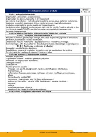 58 Conception du Produit Industriel Brevet de Technicien Supérieur
S5 : Industrialisation des produits
Niveau
1 2 3 4
S5-1- L’entreprise industrielle
Organisation administrative et commerciale.
Organisation des études, recherche et développement.
Le système de production : méthodes et préparations, achats, sous- traitance, co-traitance,
gestion de production, gestion des stocks, maintenance des moyens techniques de
production, organisations, service qualité, service après vente.
La réglementation du travail : environnement, cadre de vie, comité d'hygiène, sécurité et des
conditions de travail (CHSCT), comité d’entreprise, représentativité des personnels,
formation des personnels.
S5-2- La relation conception, industrialisation, production, contrôle
S5-2-1- Concept de « chaîne numérique »
Maquette numérique, prototypage, outillage, simulation du procédé (logiciels de simulation),
production, qualification, boucle d’optimisation.
Utilisation de modules métiers dits « de préconception » accessibles : moulage,
thermoformage… afin de visualiser les défauts éventuels des pièces et agir en conséquence.
S5-2-2- Relation au système de production
Conception orientée familles de pièces.
Capabilité des moyens de production en relation avec les spécifications d’une pièce.
Fonctionnalité des machines à mesurer tridimensionnelles.
S5-3- Les procédés d’obtention des produits
Principes du procédé.
Capabilité du procédé : matériau, géométrie, précision.
Influences sur les propriétés du matériau.
Outillages associés.
Coût estimatif.
Pour les procédés suivants :
moulage : par gravité, sous pression, injection, (centrifugation, rotomoulage,
hydroformage…)
déformation : forgeage, estampage, matriçage, extrusion, (soufflage), emboutissage,
pliage
forme ébauche coulée (FEC)
découpage : (oxycoupage, laser, jet d’eau, poinçonnage,)
enlèvement de matière : usinage, UGV, électroérosion, usinage chimique…
soudage,
collage,
assemblages divers : clipsage…
élaboration des pièces en matériaux composites.
S5-4- travaux pratiques de Fabrication mécanique
 