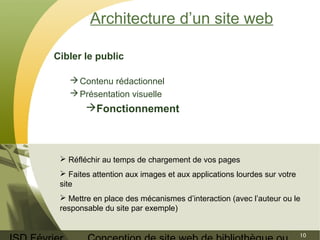 ISD Février 
Conception de site web de bibliothèque ou 
10 
Architecture d’un site web 
Cibler le public 
Contenu rédactionnel 
Présentation visuelle 
Fonctionnement 
 Réfléchir au temps de chargement de vos pages 
 Faites attention aux images et aux applications lourdes sur votre 
site 
 Mettre en place des mécanismes d’interaction (avec l’auteur ou le 
responsable du site par exemple) 
 