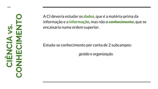 CIÊNCIAvs.
CONHECIMENTO
A CI deveria estudar os dados, que é a matéria-prima da
informação e a informação, mas não o conhecimento, que se
encaixaria numa ordem superior.
Estuda-se conhecimento por conta de 2 subcampos:
gestão e organização.
 