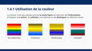 1.4.1 Utilisation de la couleur
La couleur n'est pas utilisée comme la seule façon de véhiculer de l'information,
d'indiquer une action, de solliciter une réponse ou de distinguer un élément visuel.
2
Sans daltonisme Protanopie Deutéranopie Tritanopie
 