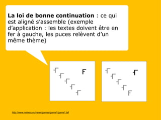 http://www.netway.eu/news/games/game1/game1.taf   La loi de bonne continuation  : ce qui est aligné s’assemble (exemple d’application : les textes doivent être en fer à gauche, les puces relèvent d’un même thème) 