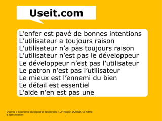 L’enfer est pavé de bonnes intentions L’utilisateur a toujours raison L’utilisateur n’a pas toujours raison L’utilisateur n’est pas le développeur Le développeur n’est pas l’utilisateur Le patron n’est pas l’utilisateur Le mieux est l’ennemi du bien Le détail est essentiel L’aide n’en est pas une D’après « Ergonomie du logiciel et design web », JF Nogier, DUNOD, lui-même d’après Nielsen Useit.com 