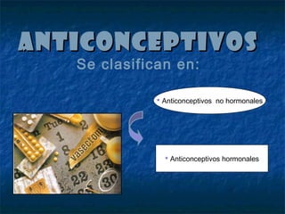 ANTICONCEPTIVOSANTICONCEPTIVOS
Se clasifican en:
 Anticonceptivos no hormonales
 Anticonceptivos hormonales
 