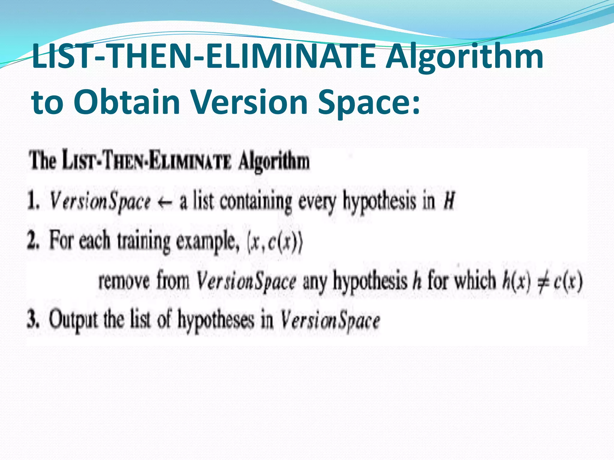 LIST-THEN-ELIMINATE Algorithm
to Obtain Version Space:
 