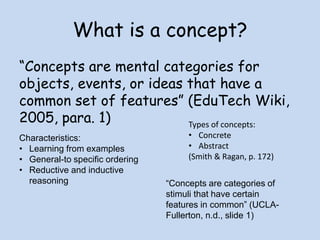 What is a concept?
“Concepts are mental categories for
objects, events, or ideas that have a
common set of features” (EduTech Wiki,
2005, para. 1)
Characteristics:
• Learning from examples
• General-to specific ordering
• Reductive and inductive
reasoning “Concepts are categories of
stimuli that have certain
features in common” (UCLA-
Fullerton, n.d., slide 1)
Types of concepts:
• Concrete
• Abstract
(Smith & Ragan, p. 172)
 