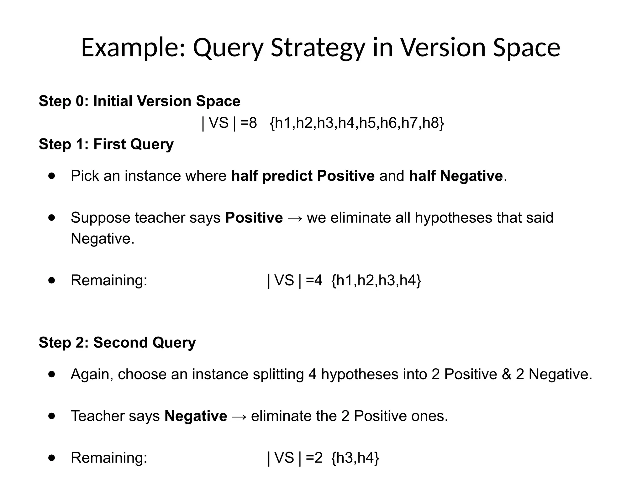 Example: Query Strategy in Version Space
Step 0: Initial Version Space
∣VS =8 {h1,h2,h3,h4,h5,h6,h7,h8}
∣
Step 1: First Query
● Pick an instance where half predict Positive and half Negative.
● Suppose teacher says Positive → we eliminate all hypotheses that said
Negative.
● Remaining: VS =4 {h1,h2,h3,h4}
∣ ∣
Step 2: Second Query
● Again, choose an instance splitting 4 hypotheses into 2 Positive & 2 Negative.
● Teacher says Negative → eliminate the 2 Positive ones.
● Remaining: VS =2 {h3,h4}
∣ ∣
 