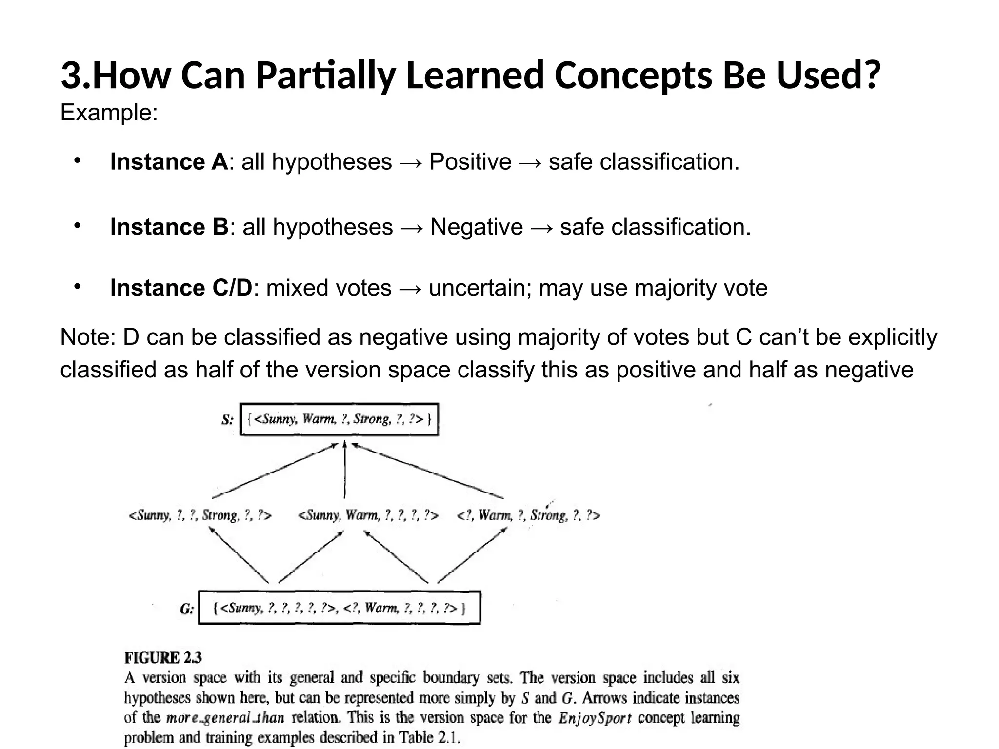 3.How Can Partially Learned Concepts Be Used?
Example:
• Instance A: all hypotheses → Positive → safe classification.
• Instance B: all hypotheses → Negative → safe classification.
• Instance C/D: mixed votes → uncertain; may use majority vote
Note: D can be classified as negative using majority of votes but C can’t be explicitly
classified as half of the version space classify this as positive and half as negative
 