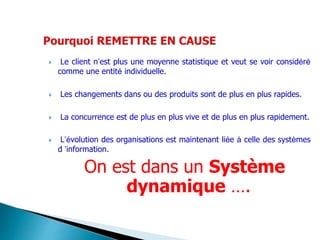  Le client n’est plus une moyenne statistique et veut se voir considéré
comme une entité individuelle.
 Les changements dans ou des produits sont de plus en plus rapides.
 La concurrence est de plus en plus vive et de plus en plus rapidement.
 L’évolution des organisations est maintenant liée à celle des systèmes
d ’information.
On est dans un Système
dynamique ….
 