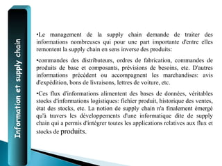 Information
et
supply
chain
•Le management de la supply chain demande de traiter des
informations nombreuses qui pour une part importante d'entre elles
remontent la supply chain en sens inverse des produits:
•commandes des distributeurs, ordres de fabrication, commandes de
produits de base et composants, prévisions de besoins, etc. D'autres
informations précèdent ou accompagnent les marchandises: avis
d'expédition, bons de livraisons, lettres de voiture, etc.
•Ces flux d'informations alimentent des bases de données, véritables
stocks d'informations logistiques: fichier produit, historique des ventes,
état des stocks, etc. La notion de supply chain n'a finalement émergé
qu'à travers les développements d'une informatique dite de supply
chain qui a permis d'intégrer toutes les applications relatives aux flux et
stocks de produits.
 