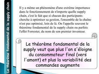 Il y a même un phénomène d'une extrême importance
dans le fonctionnement de n'importe quelle supply
chain, c'est le fait que si chacun des participants
cherche à optimiser sa gestion, l'ensemble de la chaîne
n'est pas optimisé, loin de là. On l'appelle souvent le
théorème fondamental de la supply chain ou parfois
l'effet Forrester, du nom de son premier inventeur.
Le
théorème
fondamental
de
la
supply
chain
Le théorème fondamental de la
supply veut que plus l'on s'éloigne
du consommateur final (vers
l'amont) et plus la variabilité des
commandes augmente
 