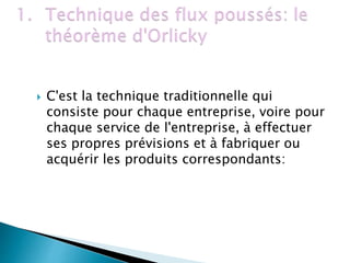  C'est la technique traditionnelle qui
consiste pour chaque entreprise, voire pour
chaque service de l'entreprise, à effectuer
ses propres prévisions et à fabriquer ou
acquérir les produits correspondants:
 