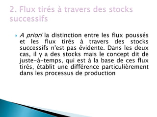  A priori la distinction entre les flux poussés
et les flux tirés à travers des stocks
successifs n'est pas évidente. Dans les deux
cas, il y a des stocks mais le concept dit de
juste-à-temps, qui est à la base de ces flux
tirés, établit une différence particulièrement
dans les processus de production
 