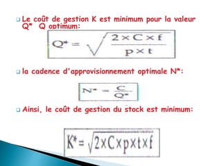  Le coût de gestion K est minimum pour la valeur
Q* Q optimum:
 la cadence d'approvisionnement optimale N*:
 Ainsi, le coût de gestion du stock est minimum:
 