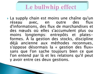  La supply chain est moins une chaîne qu'un
réseau avec, en outre des flux
d'informations, des flux de marchandises et
des nœuds où elles s'accumulent plus ou
moins longtemps: entrepôts et plates-
formes. À la gestion des stocks, discipline
déjà ancienne aux méthodes reconnues,
s'oppose désormais la « gestion des flux»
sans que l'on sache toujours bien ce que
l'on entend par là et les relations qu'il peut
y avoir entre ces deux gestions.
Le bullwhip effect
 
