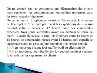 On ne connaît pas les consommations élémentaires des clients
mais seulement les consommations journalières moyennes dans
les trois magasins régionaux.
On est au mardi 12 septembre au soir et l'on regarde la situation
de l'entrepôt 1. " cet entrepôt reçoit les expéditions du magasin
national entre 7 heures et 12 heures pour des commandes
expédiées trois jours ouvrables avant (la commande reçue le
mardi 12 avait été lancée le jeudi 7); il prépare entre 12 heures et
18 heures les commandes reçues avant 12 heures qu'il expédie le
lendemain matin (si c'est un jour ouvrable) ; les sorties sont de
1 500 en moyenne chaque jour sauf le jeudi où elles sont de
2 000 en moyenne, pour être livrées le vendredi matin et vendues
le samedi par les supermarchés clients
 