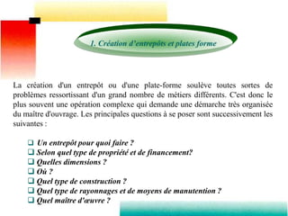 1. Création d’entrepôts et plates forme
La création d'un entrepôt ou d'une plate-forme soulève toutes sortes de
problèmes ressortissant d'un grand nombre de métiers différents. C'est donc le
plus souvent une opération complexe qui demande une démarche très organisée
du maître d'ouvrage. Les principales questions à se poser sont successivement les
suivantes :
 Un entrepôt pour quoi faire ?
 Selon quel type de propriété et de financement?
 Quelles dimensions ?
 Où ?
 Quel type de construction ?
 Quel type de rayonnages et de moyens de manutention ?
 Quel maître d'œuvre ?
 