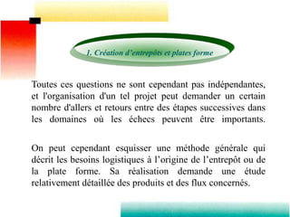 1. Création d’entrepôts et plates forme
Toutes ces questions ne sont cependant pas indépendantes,
et l'organisation d'un tel projet peut demander un certain
nombre d'allers et retours entre des étapes successives dans
les domaines où les échecs peuvent être importants.
On peut cependant esquisser une méthode générale qui
décrit les besoins logistiques à l’origine de l’entrepôt ou de
la plate forme. Sa réalisation demande une étude
relativement détaillée des produits et des flux concernés.
 