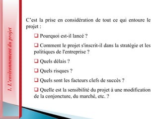 1.
L’environnement
du
projet
C’est la prise en considération de tout ce qui entoure le
projet :
 Pourquoi est-il lancé ?
 Comment le projet s'inscrit-il dans la stratégie et les
politiques de l'entreprise ?
 Quels délais ?
 Quels risques ?
 Quels sont les facteurs clefs de succès ?
 Quelle est la sensibilité du projet à une modification
de la conjoncture, du marché, etc. ?
 