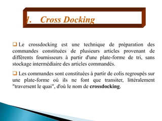 1. Cross Docking
 Le crossdocking est une technique de préparation des
commandes constituées de plusieurs articles provenant de
différents fournisseurs à partir d'une plate-forme de tri, sans
stockage intermédiaire des articles commandés.
 Les commandes sont constituées à partir de colis regroupés sur
une plate-forme où ils ne font que transiter, littéralement
"traversent le quai", d'où le nom de crossdocking.
 