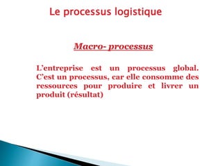 L’entreprise est un processus global.
C’est un processus, car elle consomme des
ressources pour produire et livrer un
produit (résultat)
Macro- processus
Le processus logistique
 