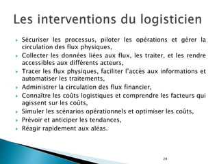 28
 Sécuriser les processus, piloter les opérations et gérer la
circulation des flux physiques,
 Collecter les données liées aux flux, les traiter, et les rendre
accessibles aux différents acteurs,
 Tracer les flux physiques, faciliter l’accès aux informations et
automatiser les traitements,
 Administrer la circulation des flux financier,
 Connaître les coûts logistiques et comprendre les facteurs qui
agissent sur les coûts,
 Simuler les scénarios opérationnels et optimiser les coûts,
 Prévoir et anticiper les tendances,
 Réagir rapidement aux aléas.
 