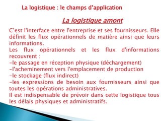 La logistique : le champs d’application
La logistique amont
C’est l'interface entre l'entreprise et ses fournisseurs. Elle
définit les flux opérationnels de matière ainsi que leurs
informations.
Les flux opérationnels et les flux d'informations
recouvrent :
-le passage en réception physique (déchargement)
-l'acheminement vers l'emplacement de production
-le stockage (flux indirect)
-les expressions de besoin aux fournisseurs ainsi que
toutes les opérations administratives.
Il est indispensable de prévoir dans cette logistique tous
les délais physiques et administratifs.
 
