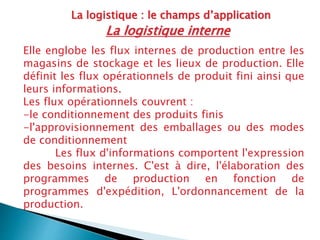 La logistique : le champs d’application
La logistique interne
Elle englobe les flux internes de production entre les
magasins de stockage et les lieux de production. Elle
définit les flux opérationnels de produit fini ainsi que
leurs informations.
Les flux opérationnels couvrent :
-le conditionnement des produits finis
-l'approvisionnement des emballages ou des modes
de conditionnement
Les flux d'informations comportent l'expression
des besoins internes. C'est à dire, l'élaboration des
programmes de production en fonction de
programmes d'expédition, L'ordonnancement de la
production.
 