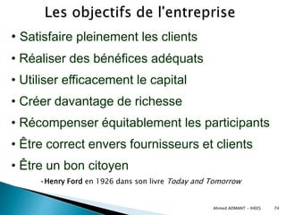 Ahmed ADMANT - IHEES 74
• Satisfaire pleinement les clients
• Réaliser des bénéfices adéquats
• Utiliser efficacement le capital
• Créer davantage de richesse
• Récompenser équitablement les participants
• Être correct envers fournisseurs et clients
• Être un bon citoyen
•Henry Ford en 1926 dans son livre Today and Tomorrow
 