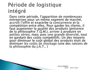 Dans cette période, l’apparition de nombreuses
entreprises pour un même segment de marché,
accroît l’offre et exacerbe la concurrence et la
compétition entre elles. Pour garder les clients, il
faut augmenter la qualité des produits (présence
de la philosophie T.Q.M.), arriver à produire en
petites séries, mais avec une grande diversité, tout
en gardant des coûts compétitifs. Un des moyens
pour diminuer le coût global des produits était de
diminuer les coûts de stockage (une des raisons de
la philosophie du J.A.T.. )
29/01/2024
Ahmed ADMANT
ESITH
 
