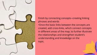 Finish by connecting concepts--creating linking
phrases and words
•Once the basic links between the concepts are
created, add cross-links, which connect concepts
in different areas of the map, to further illustrate
the relationships and strengthen student’s
understanding and knowledge on the
topic.
 
