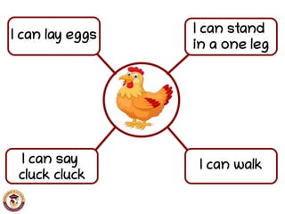 I can lay eggs
I can walk
I can stand
in a one leg
I can say
cluck cluck
 